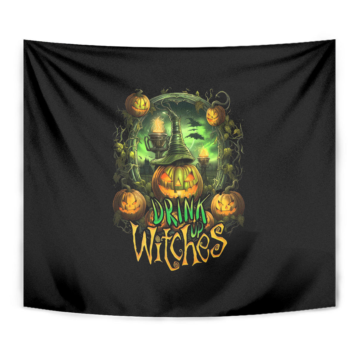 Black Halloween tapestry close-up with green witch, pumpkins, and 'DRINK UP WITCHES' words