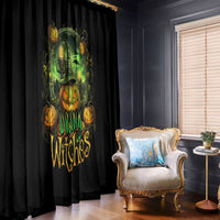 Black window curtain panels with green glowing witch, pumpkin faces, and halloween lettering