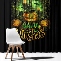 Black window curtain panel with glowing pumpkin skull and witch halloween graphics
