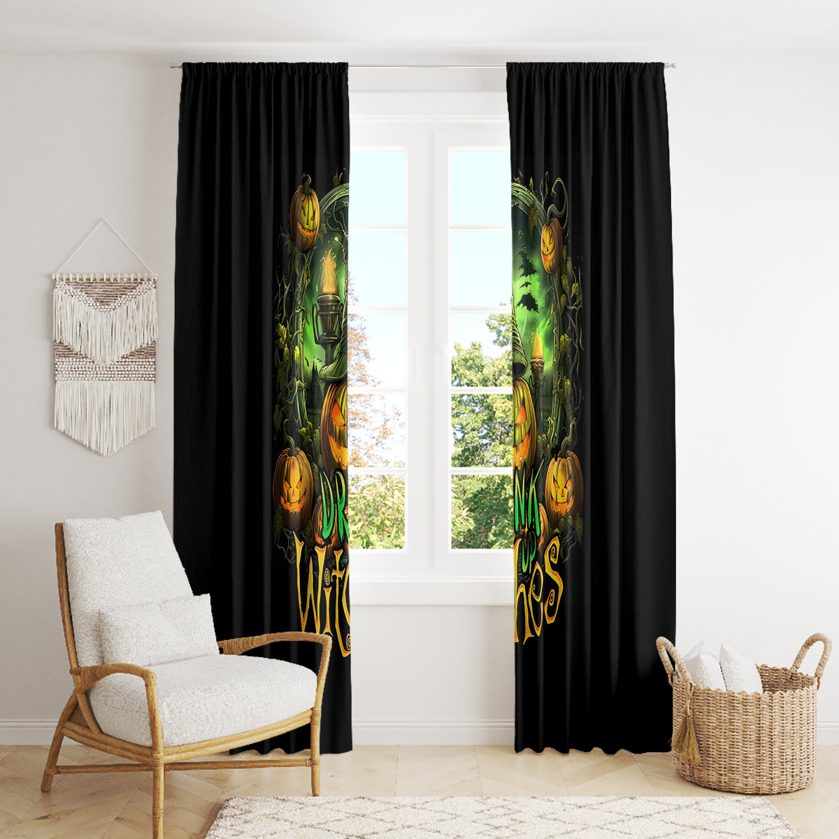 Black window curtain panels with centered vertical green witch and pumpkin graphic artwork