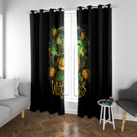 Black window curtain panels with green witch figure and pumpkin halloween graphic