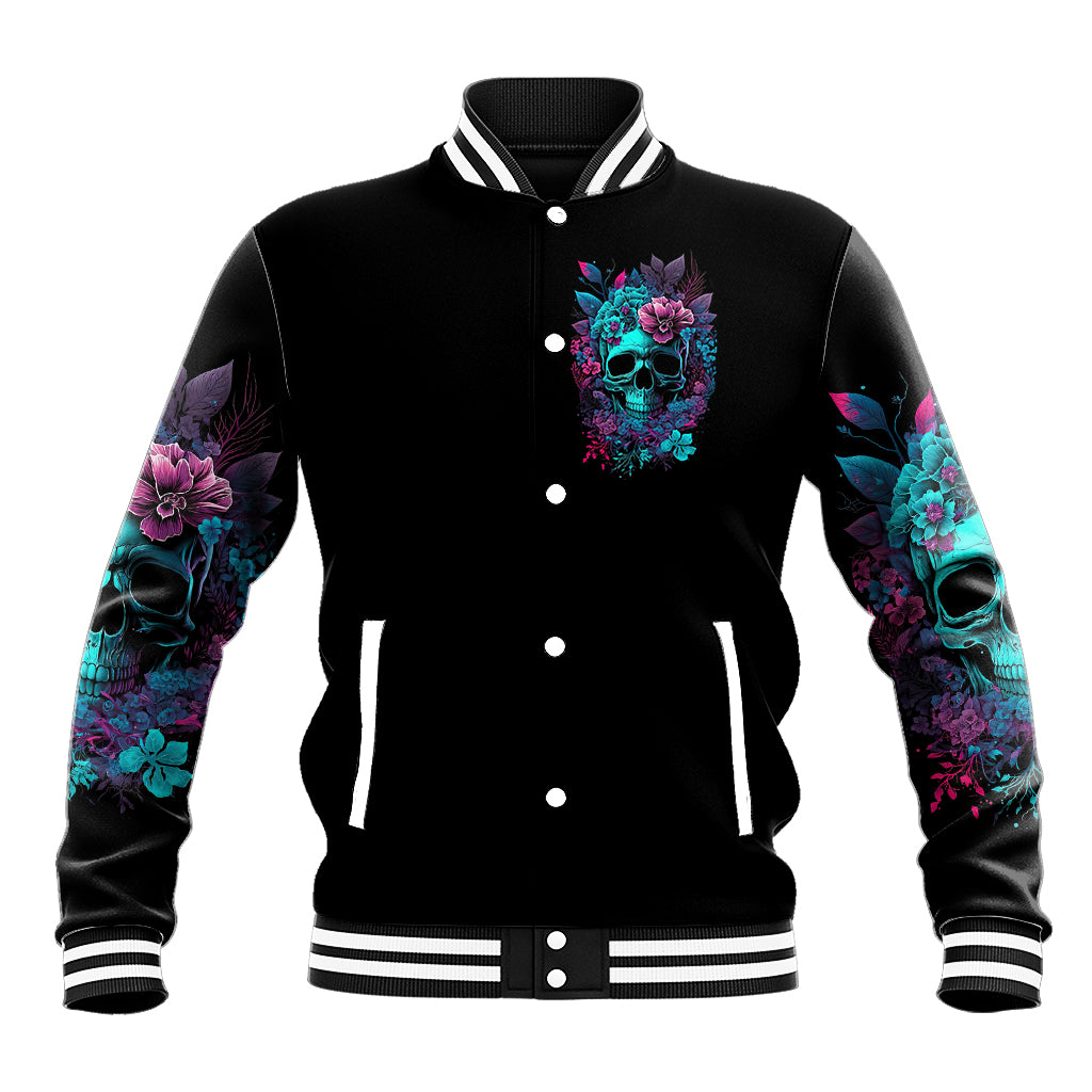 Black button-up varsity jacket with skull-flower chest graphic, striped ribbed collar