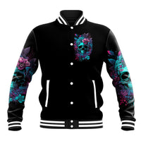 Black button-up varsity jacket with skull-flower chest graphic, striped ribbed collar