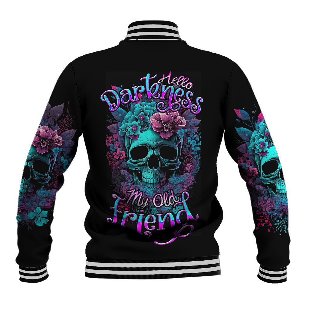 Black varsity baseball jacket with colorful skull-flower back graphic and striped cuffs