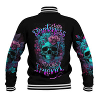 Black varsity baseball jacket with colorful skull-flower back graphic and striped cuffs