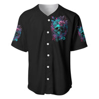 Black baseball jersey with turquoise skull floral chest graphic, buttoned V-neck