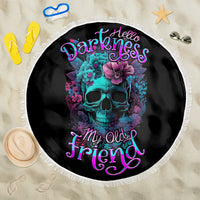 Black round beach blanket with turquoise skull, purple flowers, colorful text, white fringe