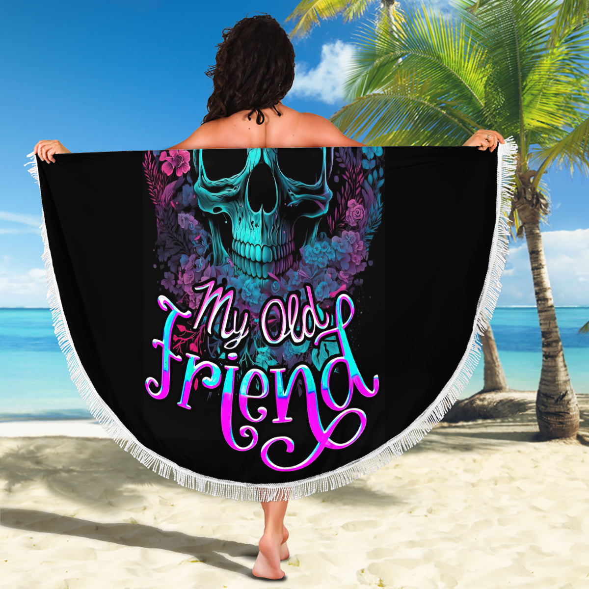 Black round beach blanket with turquoise skull, purple flowers, Hello Darkness text, white fringe