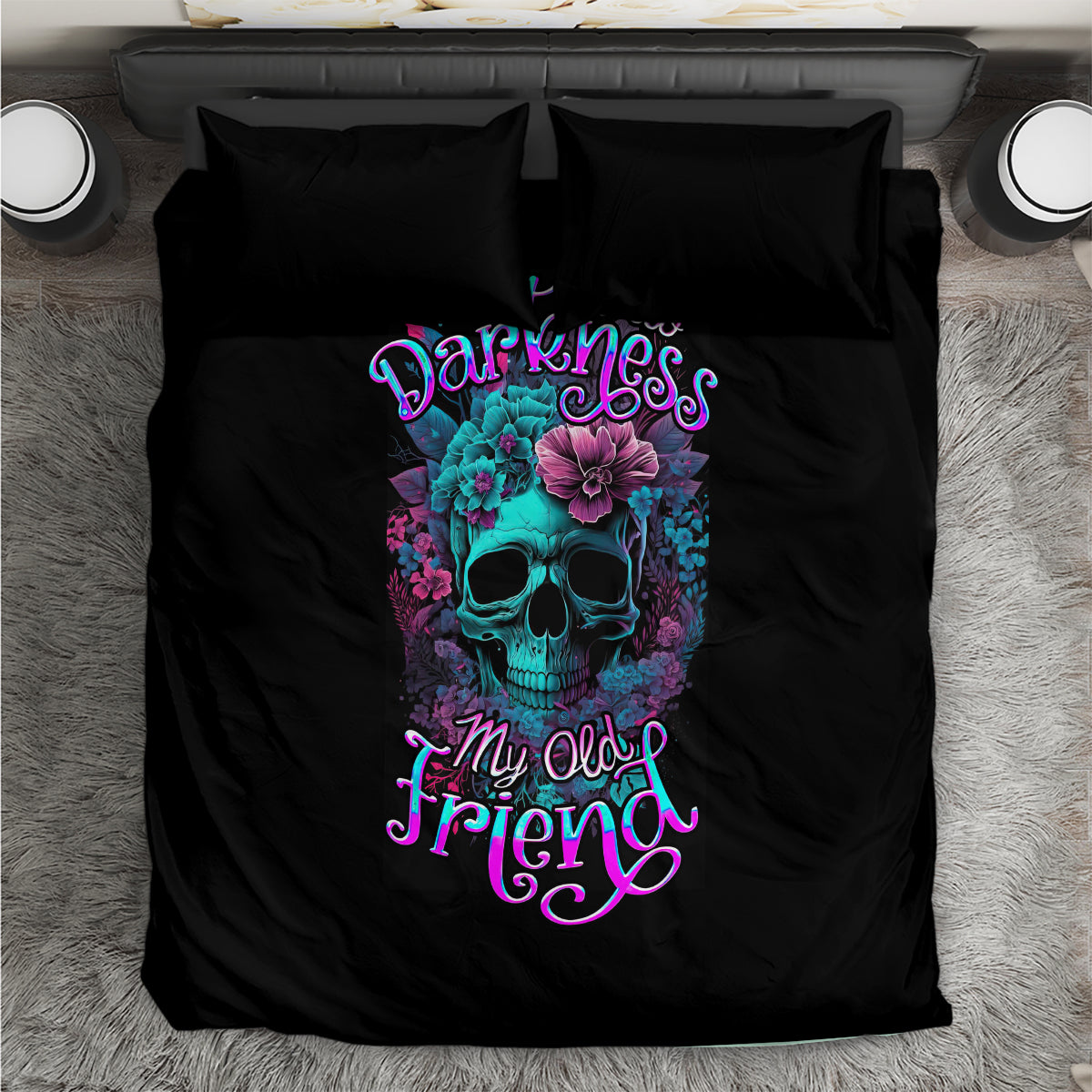 Black bedding set with skull and flowers graphic, two pillowcases