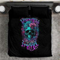 Black bedding set with skull and flowers graphic, two pillowcases