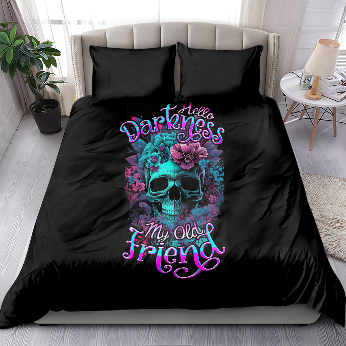 Black duvet bedding set with skull-flower graphic and Hello Darkness text