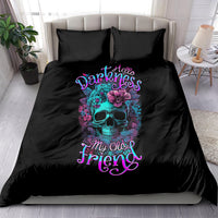 Black duvet bedding set with skull-flower graphic and Hello Darkness text