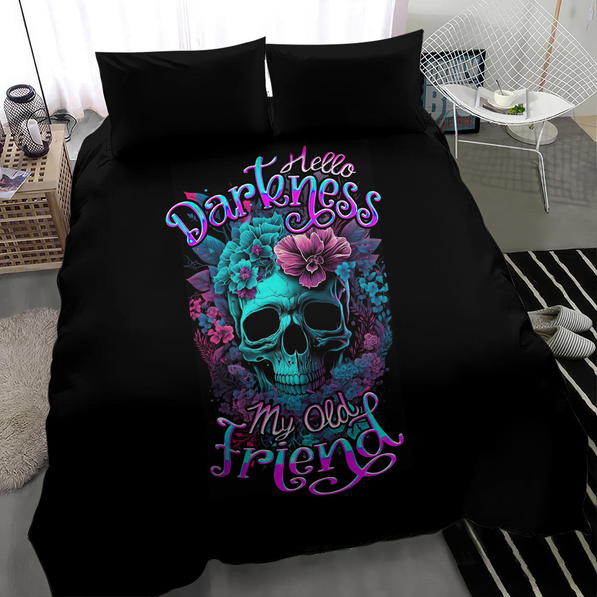 Black duvet bedding set with turquoise skull and flower artwork; two pillows