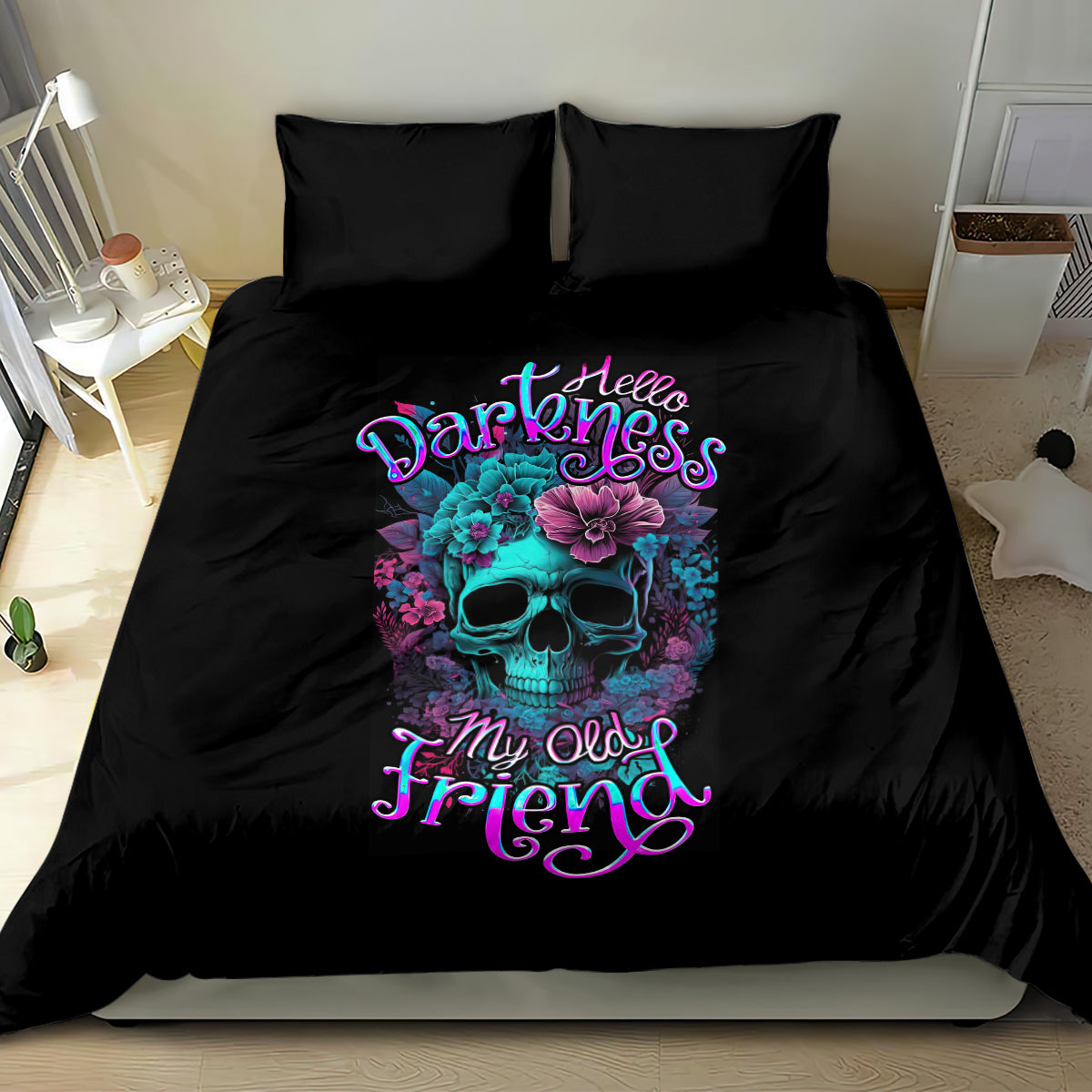 Black bedding set with central skull-flower print and purple lettering; duvet