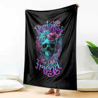 Black graphic throw blanket with teal skull, purple flowers, and 'Hello Darkness' lettering