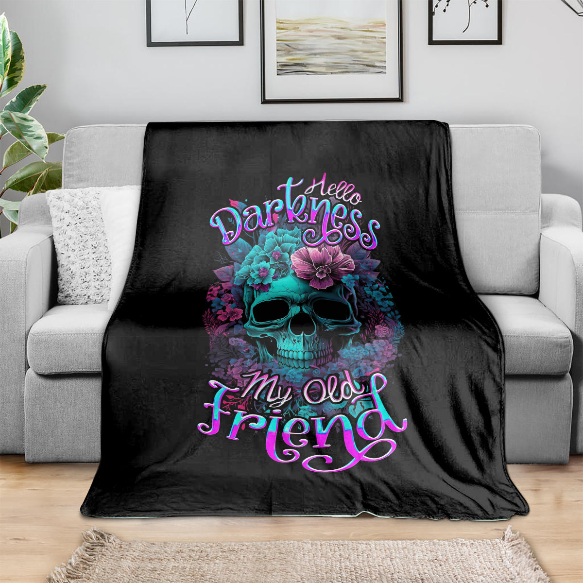 Black skull-and-flower throw blanket with 'Hello Darkness' and 'My Old Friend' text