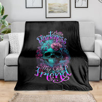 Black skull-and-flower throw blanket with 'Hello Darkness' and 'My Old Friend' text
