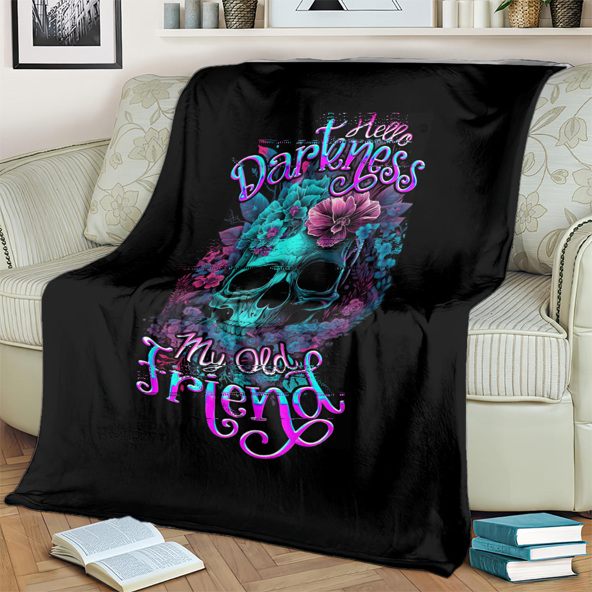 Black skull graphic blanket with teal face, purple-blue flowers, and 'My Old Friend' text