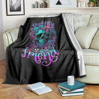Black skull-and-flower throw blanket with teal graphic and purple 'Hello Darkness' text