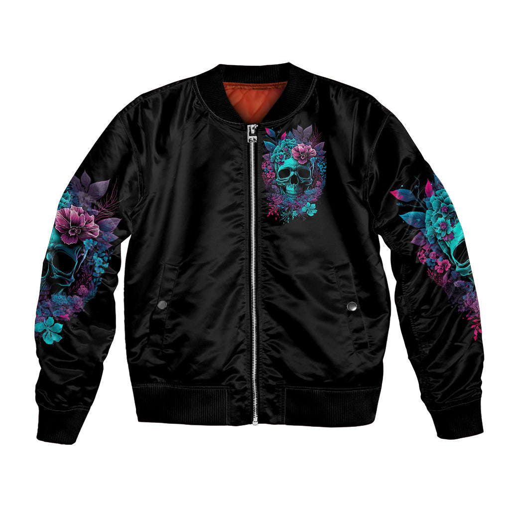 Black unisex bomber jacket, front zipper, teal and purple floral skull patch