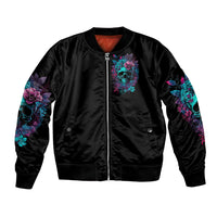 Black unisex bomber jacket, front zipper, teal and purple floral skull patch