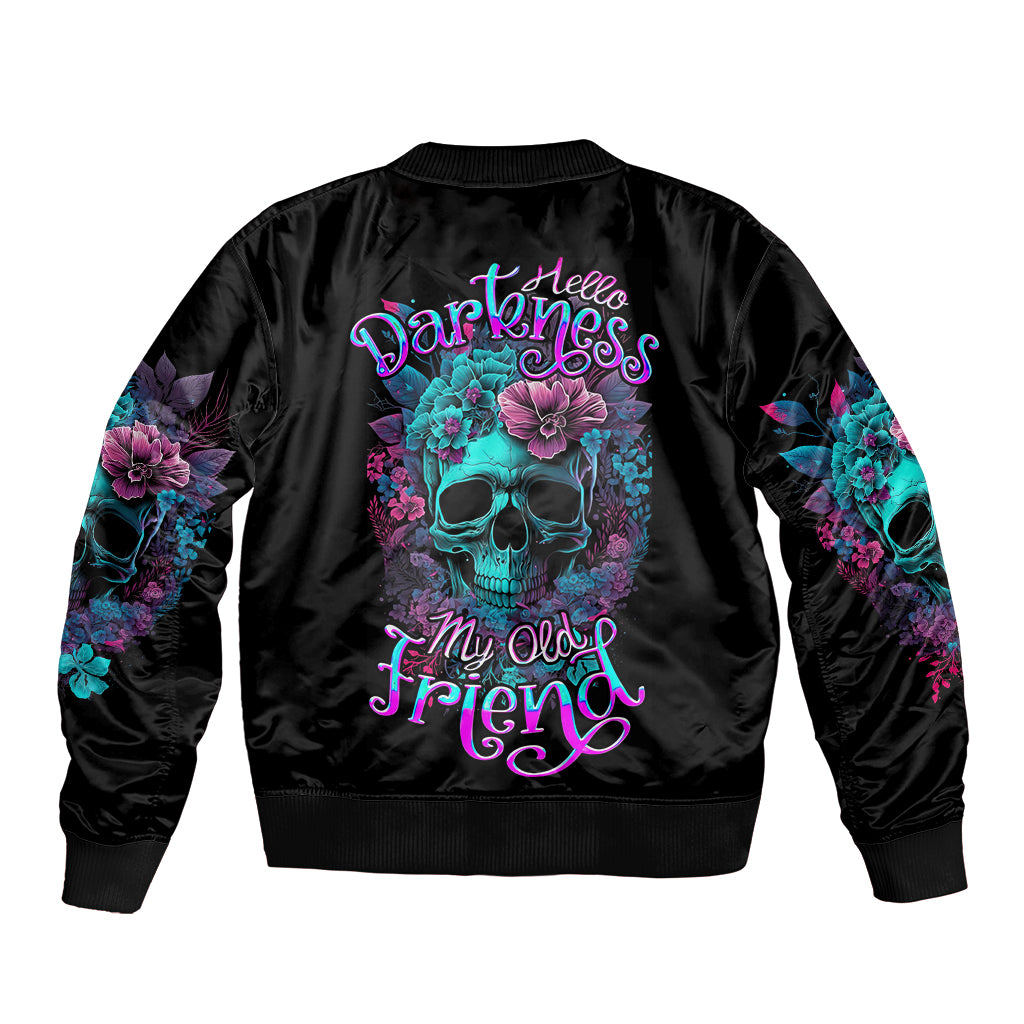 Black unisex bomber jacket with teal skull floral graphic on back