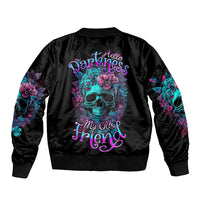 Black unisex bomber jacket with teal skull floral graphic on back
