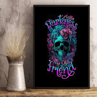 Framed canvas wall art with teal skull, colorful blooms, and neon purple-blue script