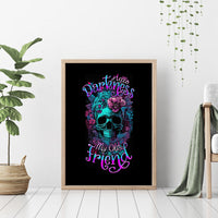 Wood-framed canvas wall art featuring a teal floral skull and neon purple lettering