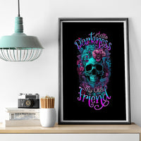 Silver-framed canvas wall art with teal skull, blooming flowers, and neon purple text