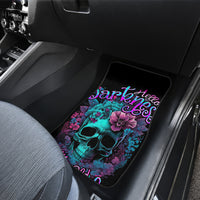 Black car floor mat with blue skull and pink flowers, neon lettering design