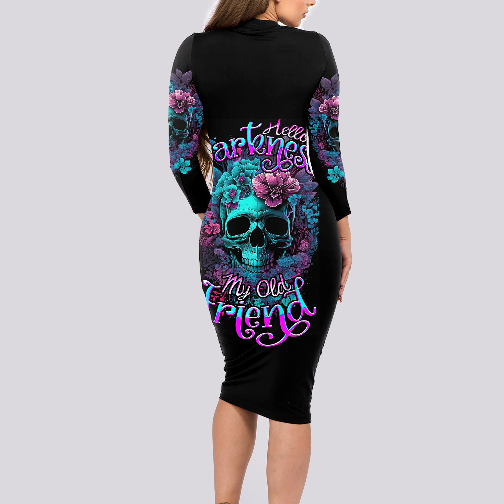 Flower Skull Long Sleeve Bodycon Dress Hello Darkness My Old Friend - Wonder Print Shop