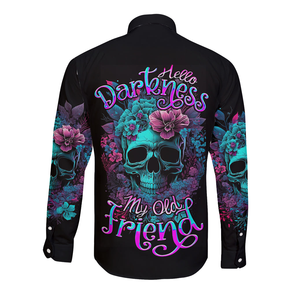 Black long-sleeve button shirt, back skull flower graphic and Hello Darkness text