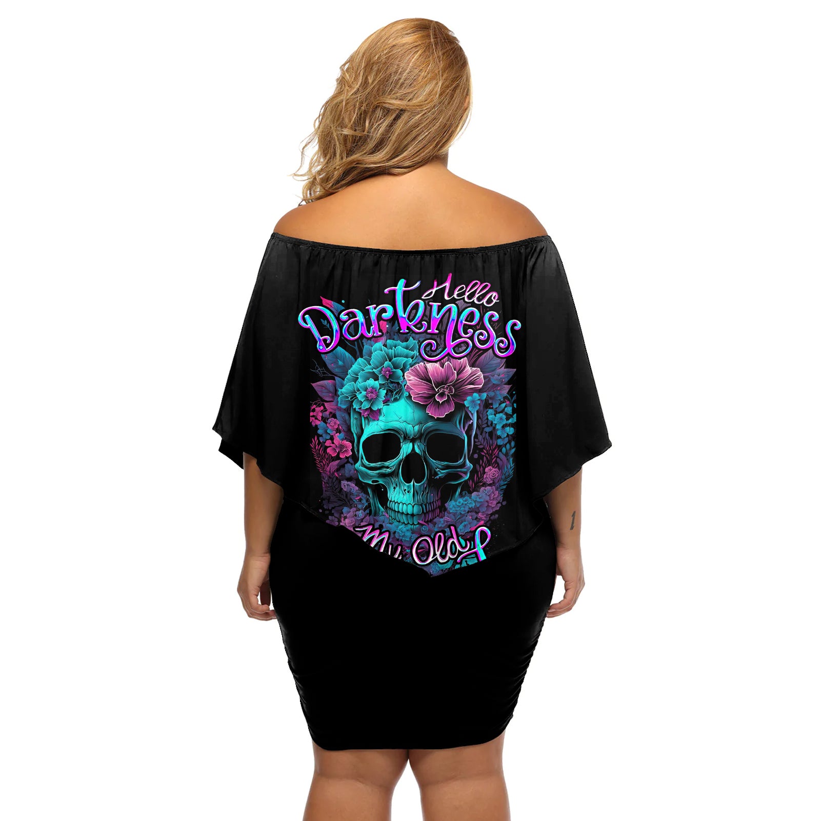 Flower Skull Off Shoulder Short Dress Hello Darkness My Old Friend - Wonder Print Shop