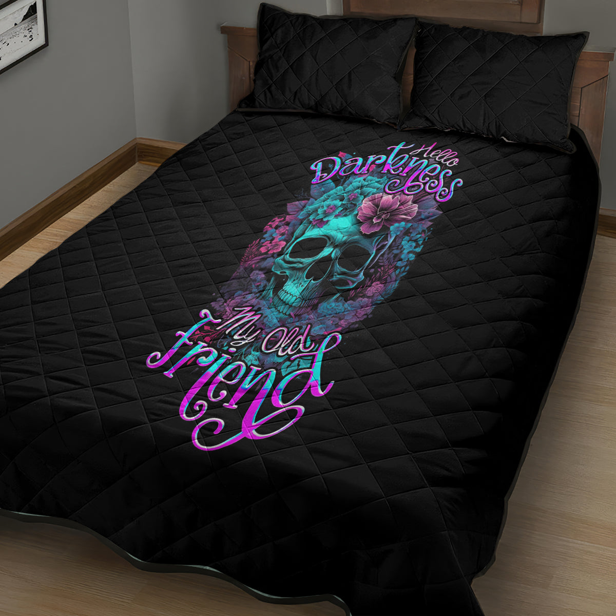 Black quilt bed set with floral skull graphic, quilted pattern, includes two pillows