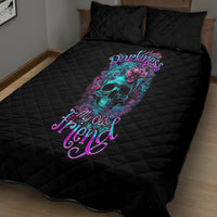 Black quilt bed set with floral skull graphic, quilted pattern, includes two pillows