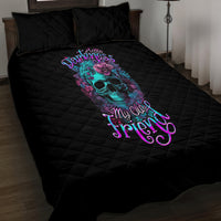 Black quilt bed set with large floral skull print, quilted top and two pillows