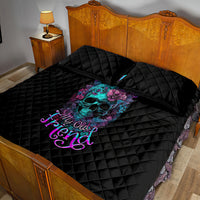 Black quilt bed set with floral skull graphic, quilted bedding and two pillows