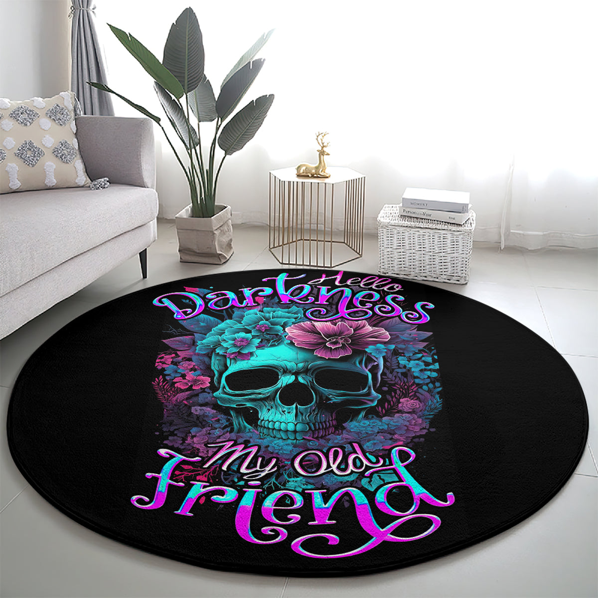 Black round rug on living room floor with turquoise skull in purple flower wreath
