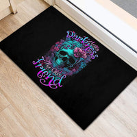 Black rubber doormat with blue-pink skull and floral neon lettering