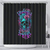 Black shower curtain with colorful floral skull and stylized lettering