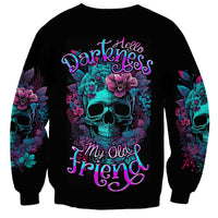 Black unisex sweatshirt with teal skull, flowers, and neon text graphic