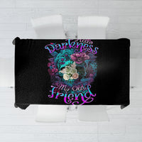 Black tablecloth with centered neon floral skull and text graphic print