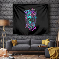 Black hanging tapestry featuring a floral skull with colorful lettering