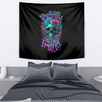 Black tapestry with floral skull graphic and neon text design