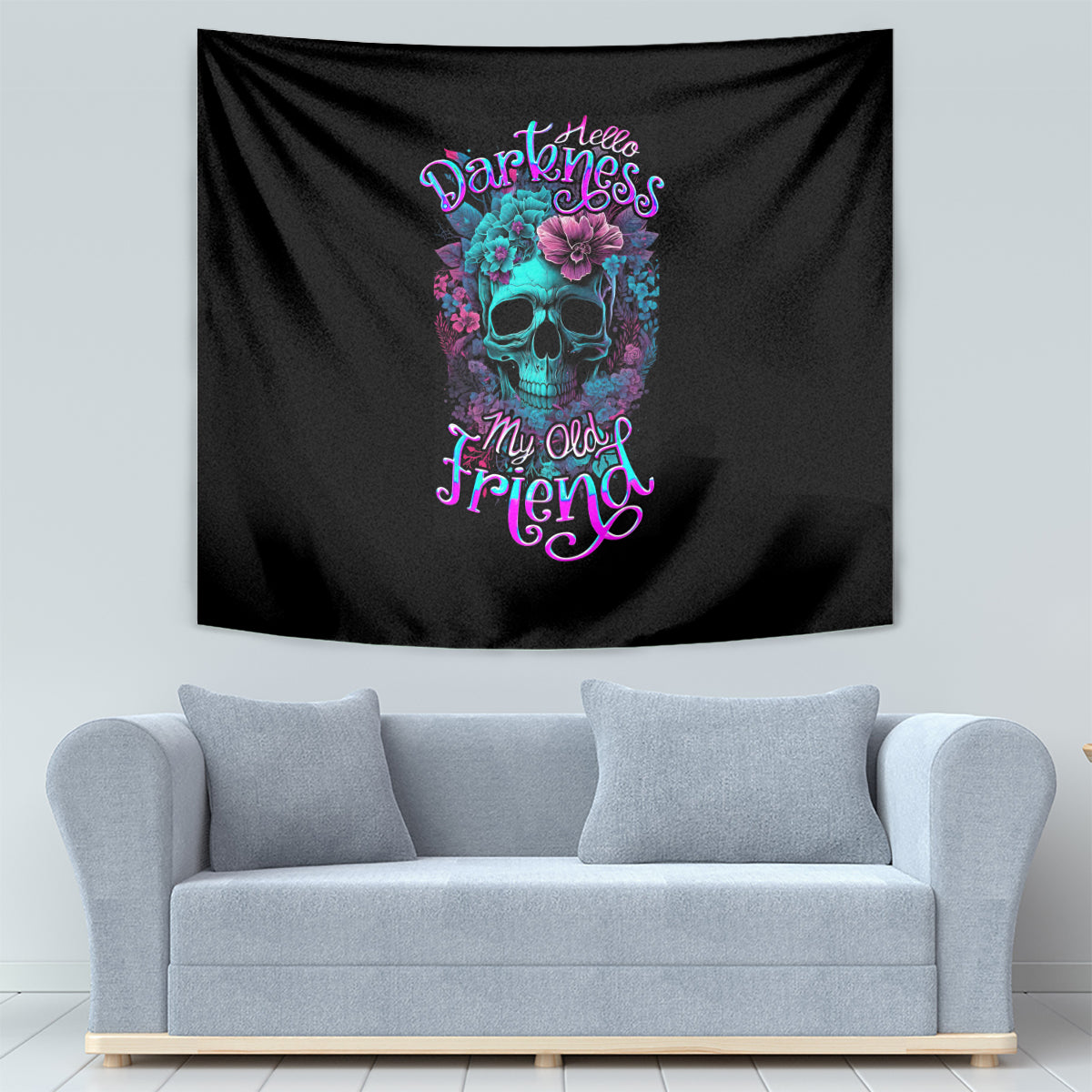 Black tapestry featuring a floral skull and bright neon script text