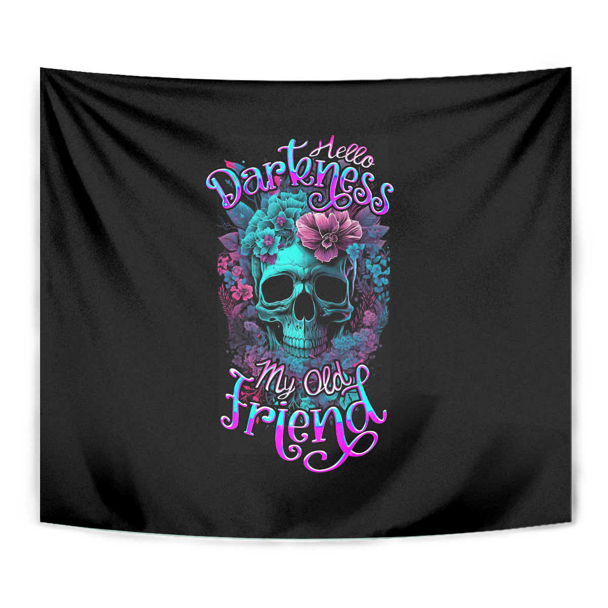 Black tapestry close view: turquoise floral skull with bright neon text