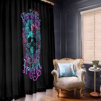 Black window curtain set with blue and purple skull floral graphic