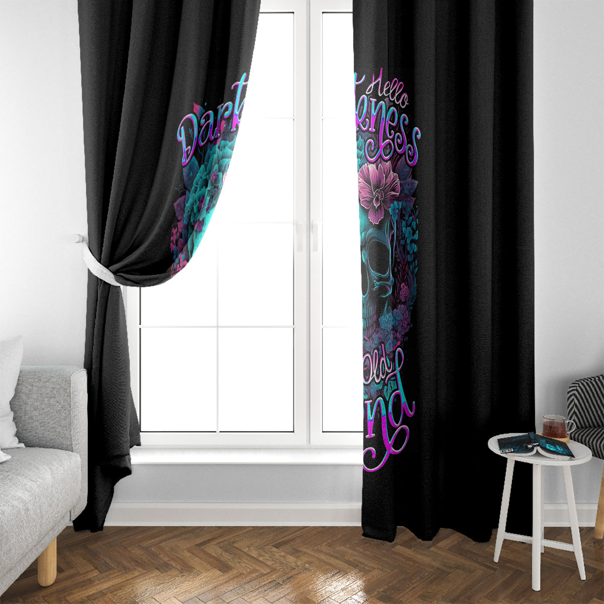 Black curtain panels framing a window with colorful skull floral print
