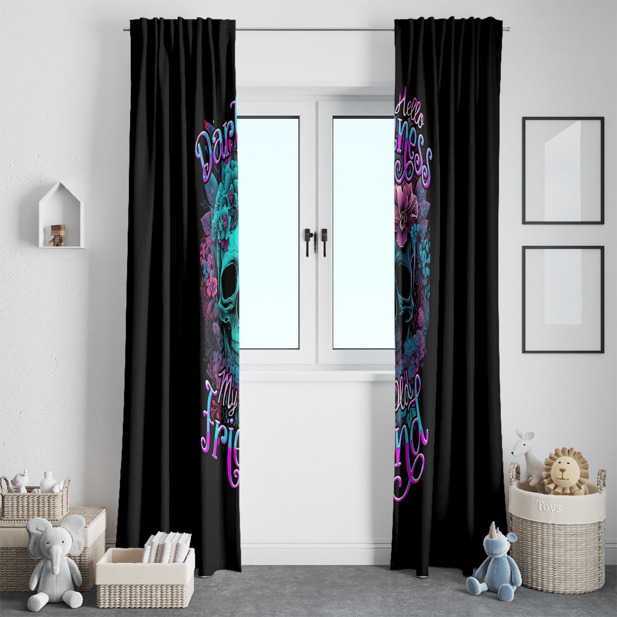 Black double curtain panels with vertical colorful skull floral design